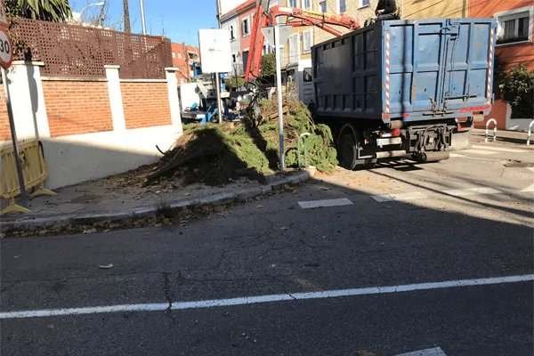 Camión con grúa cargando restos vegetales